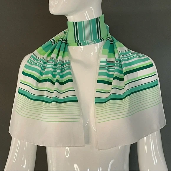 Super Cute Vintage Greens Stripes Poly Scarf 10 In by 46 Exc Condition - Picture 6 of 8